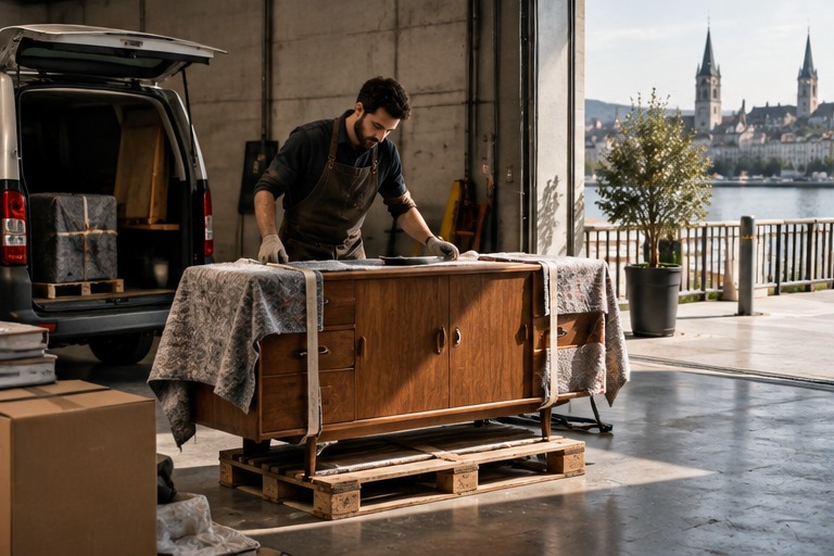 Lagerabholung in Zürich: ein Secondhand-Möbelstück wird geschützt für die Abholung vorbereitet