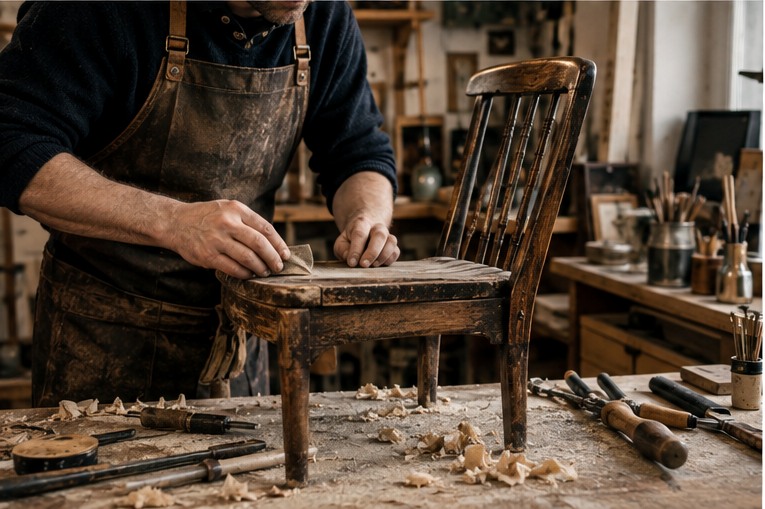 Aufbereitung eines gebrauchten Holzstuhls für den weiteren Verkauf als Secondhand-Möbel
