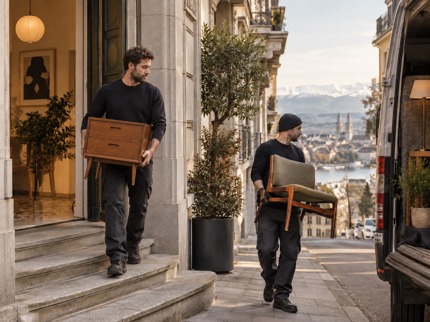 Möbelabholung in Zürich: Mitarbeiter tragen eine kleine Mid-Century-Kommode und einen Sessel zu einem Transportfahrzeug